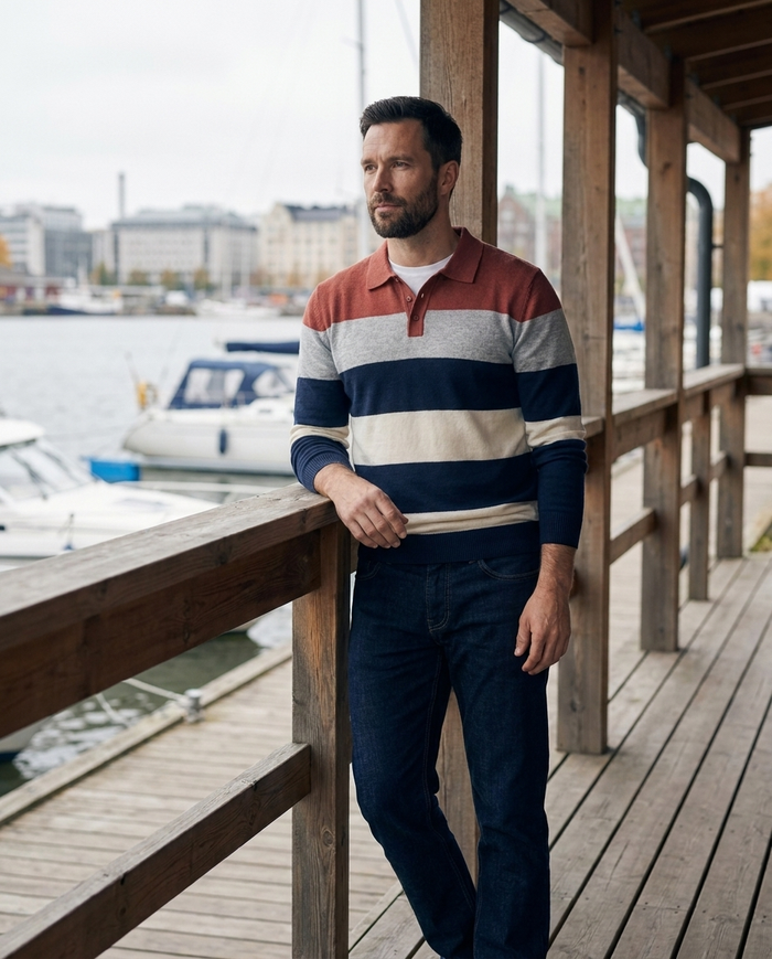 Striped knitted polo worn on a Helsinki harbour terrace