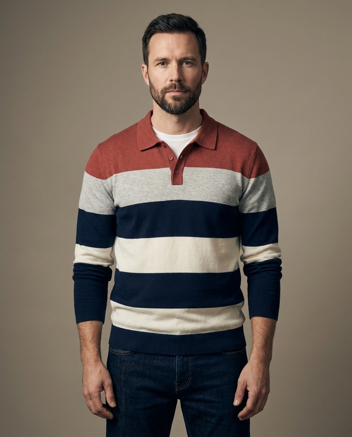 Striped knitted polo jumper in red, grey, navy and cream