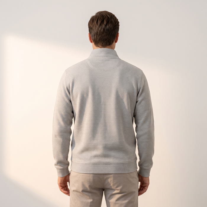 Back view of the light grey waffle half-zip sweatshirt