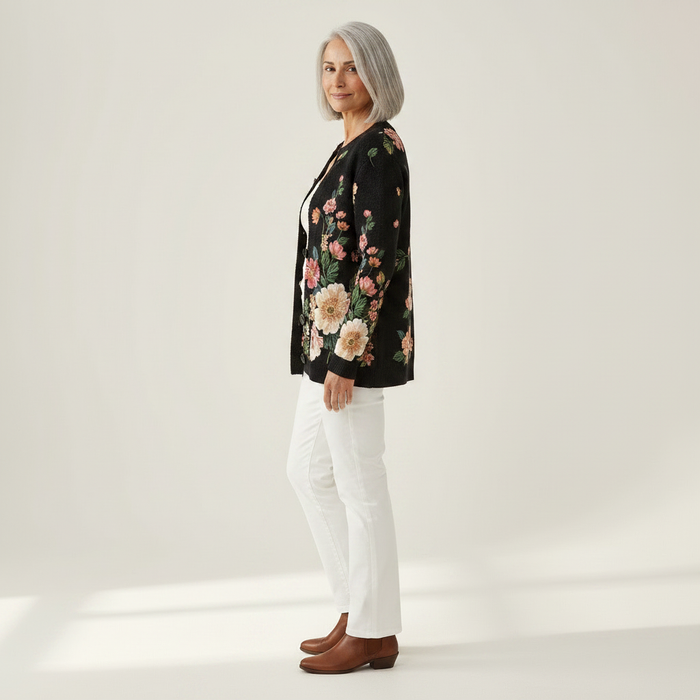 Sylvi - Floral Print Cardigan in Black