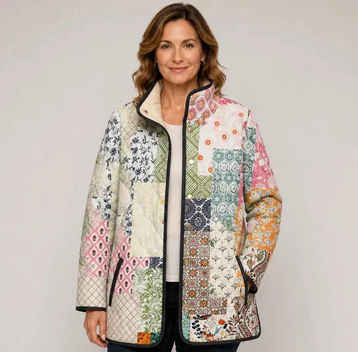 EMMA Sylvi quilted jacket in pastel patchwork print, worn by a model