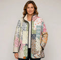 EMMA Sylvi quilted jacket in pastel patchwork print, worn by a model