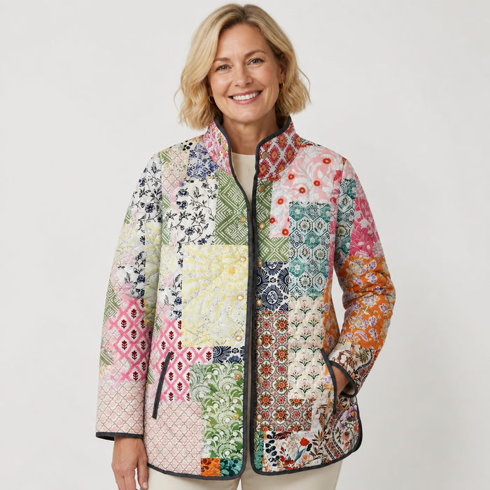 EMMA Sylvi quilted jacket in pastel patchwork print, worn by a model