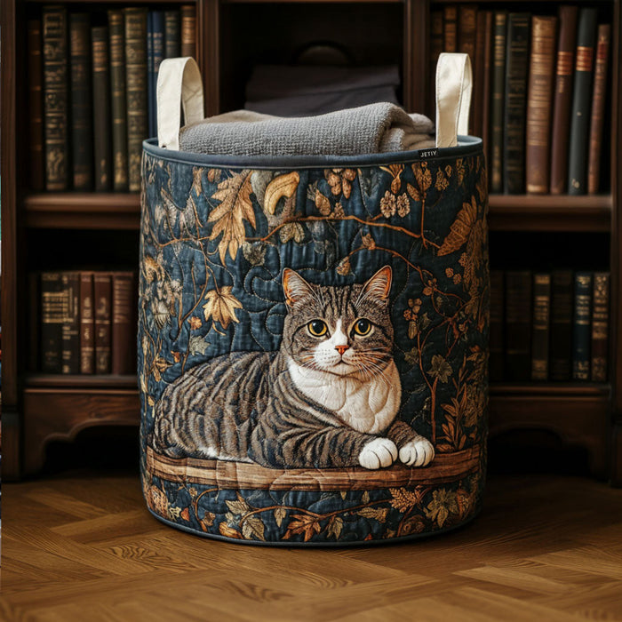 Quilted laundry basket with a tabby cat in front of a wall of books