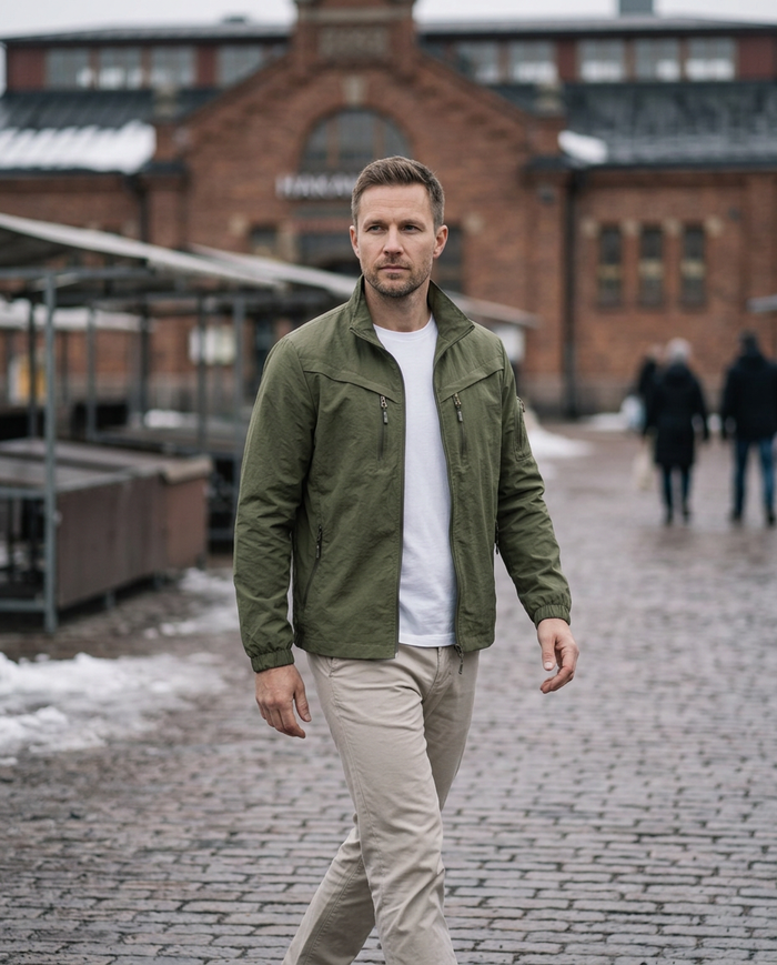 Olive utility jacket worn at Hakaniemi market square in Helsinki