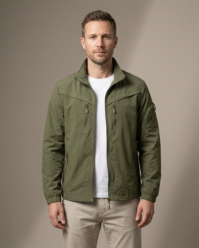 Olive green ripstop utility jacket with stand collar and zip pockets