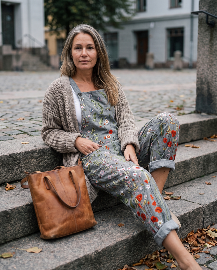 Tarja printed wide-leg jumpsuit worn on steps in a square