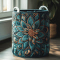 Quilted laundry basket with a large teal and jade flower