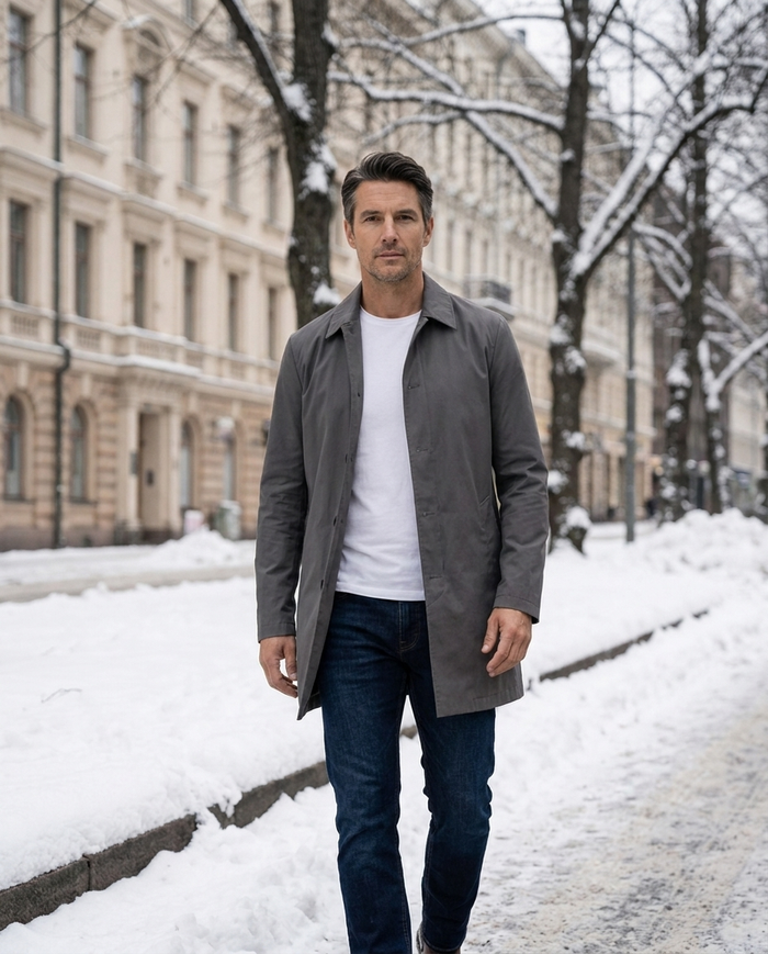 Grey car coat worn on Bulevardi in Helsinki