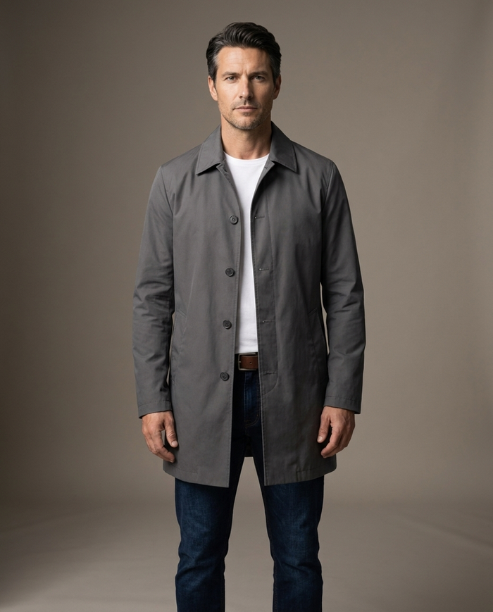Mid-grey single-breasted car coat worn open over a white t-shirt