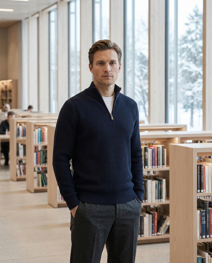 Navy half-zip jumper worn in a Helsinki library reading room