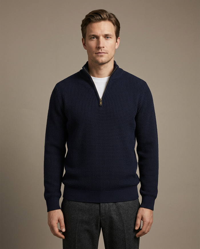 Navy waffle-knit half-zip jumper with gold zip
