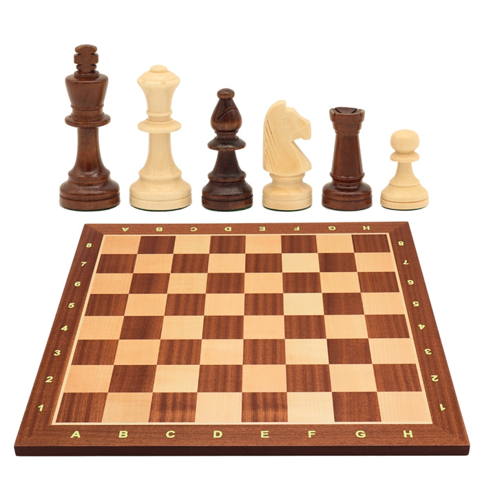 TIMELESS (Polish knight) | Chinese Cherry Pieces, 90mm King | Mahogany & Maple chess board | 55mm Squares