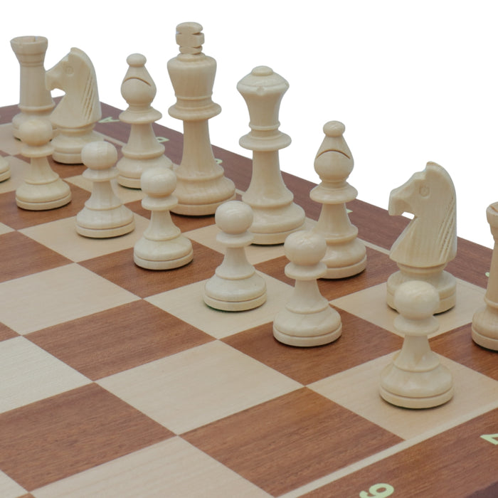TIMELESS (Polish knight) | Chinese Cherry Pieces, 90mm King | Mahogany & Maple chess board | 55mm Squares