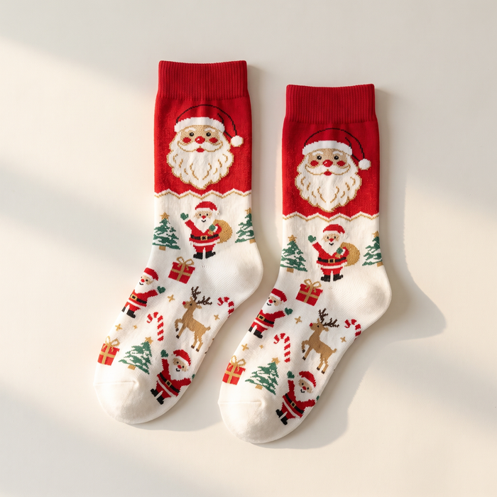 Storybook Santa Christmas socks laid flat on an off-white backdrop