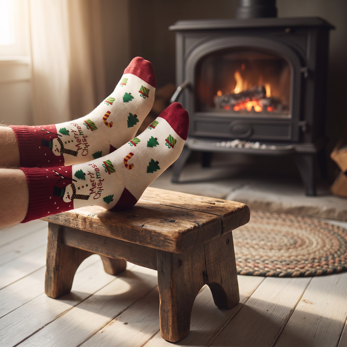 Feet in Santa Christmas socks propped on a footstool by a wood stove