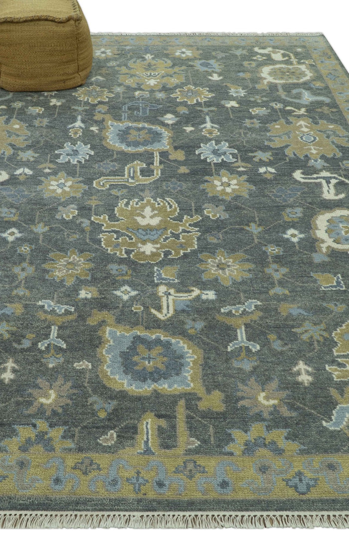 Traditional Oushak Design Charcoal And Camel Hand Knotted Custom Made Wool rug - The Rug Decor