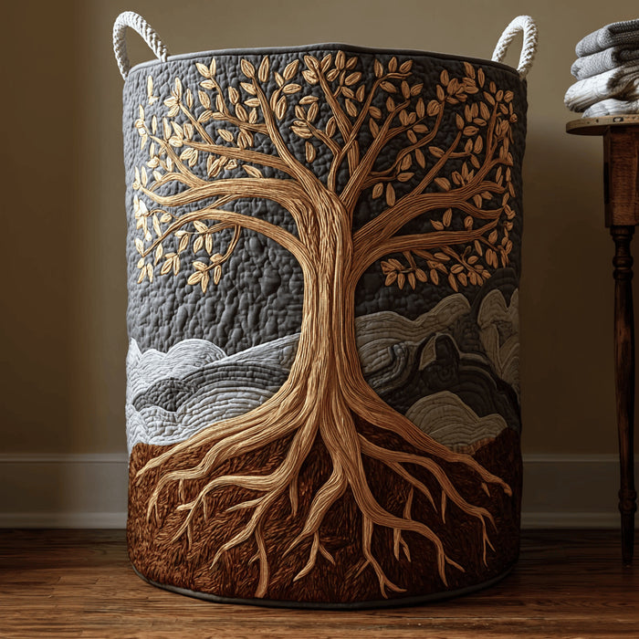 Quilted laundry basket with a tree split between day and night