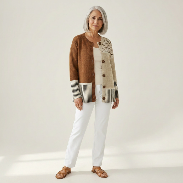 Tyyne - Patchwork Cardigan in Brown & Cream