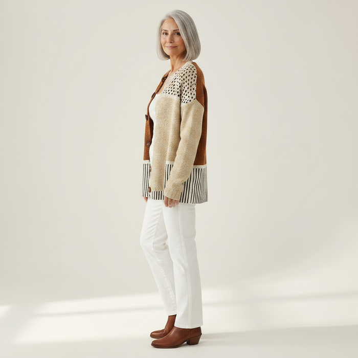 Tyyne - Patchwork Cardigan in Brown & Cream