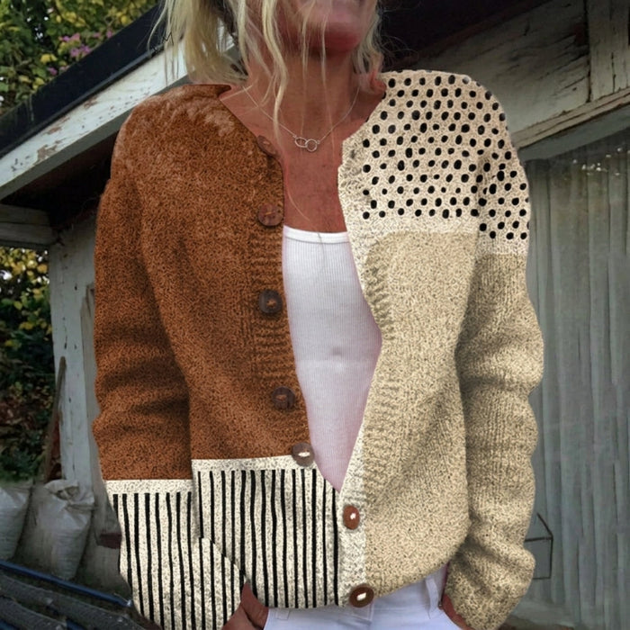 Tyyne - Patchwork Cardigan in Brown & Cream