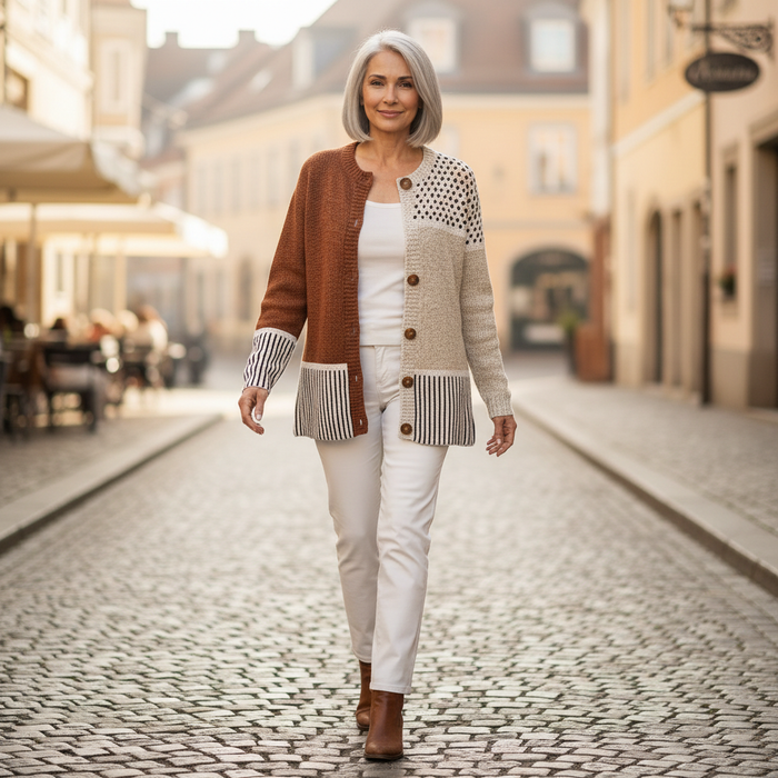 Tyyne - Patchwork Cardigan in Brown & Cream