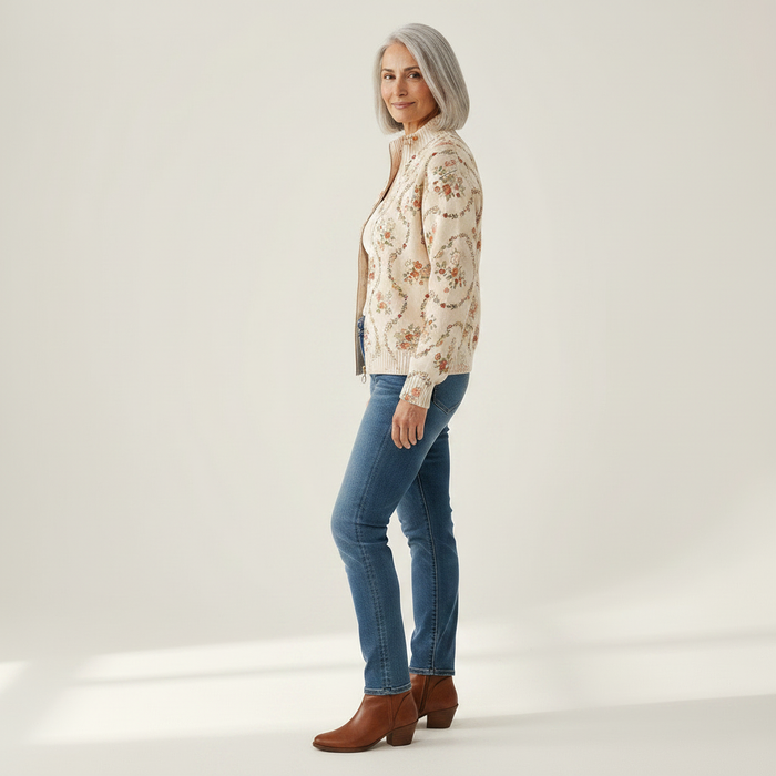 Ulla - Delicate Floral Vine Zip Cardigan