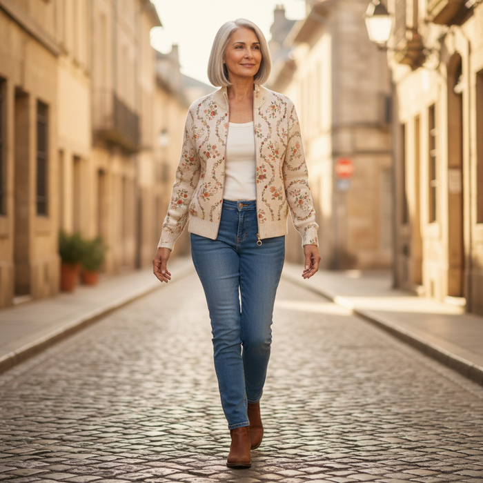 Ulla - Delicate Floral Vine Zip Cardigan
