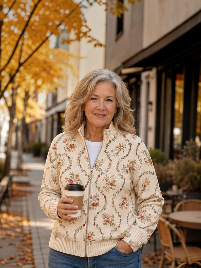 Ulla - Delicate Floral Vine Zip Cardigan