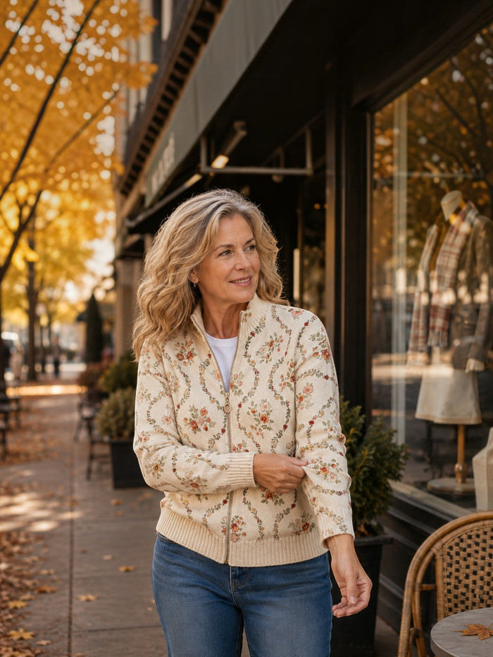 Ulla - Delicate Floral Vine Zip Cardigan