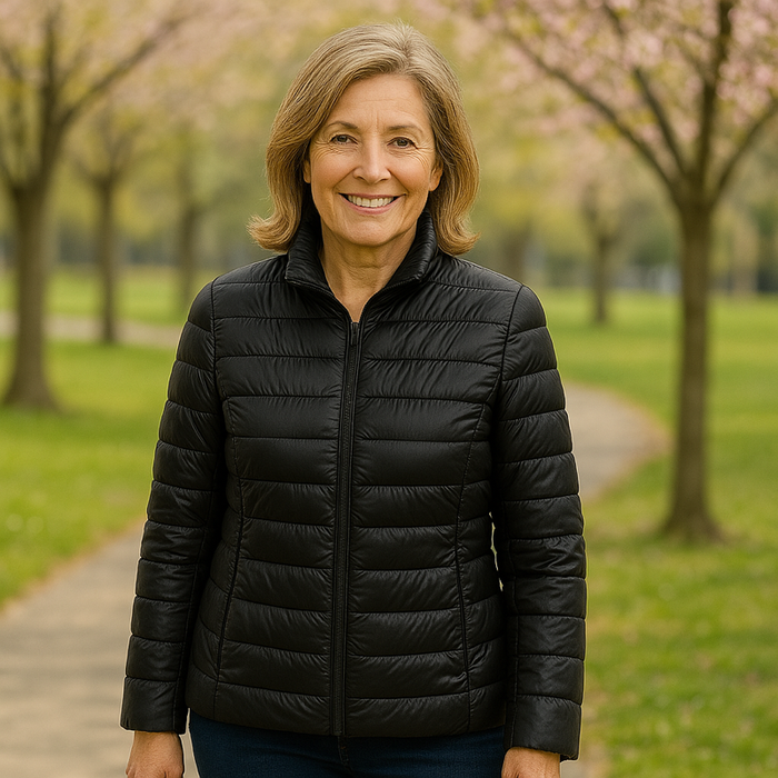 EMMA Ulla lightweight padded jacket in black, worn by a model outdoors