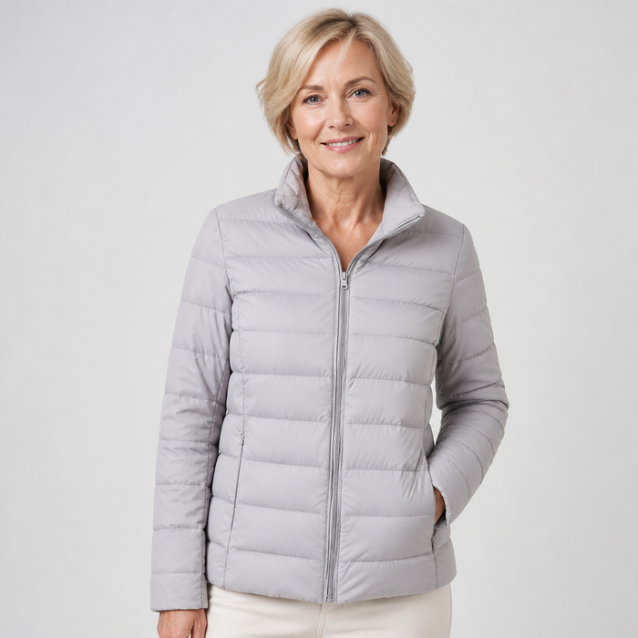 EMMA Ulla lightweight padded jacket in grey, worn by a model
