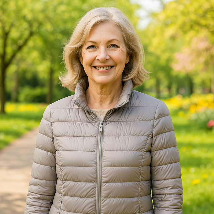 EMMA Ulla lightweight padded jacket in grey, worn by a model outdoors