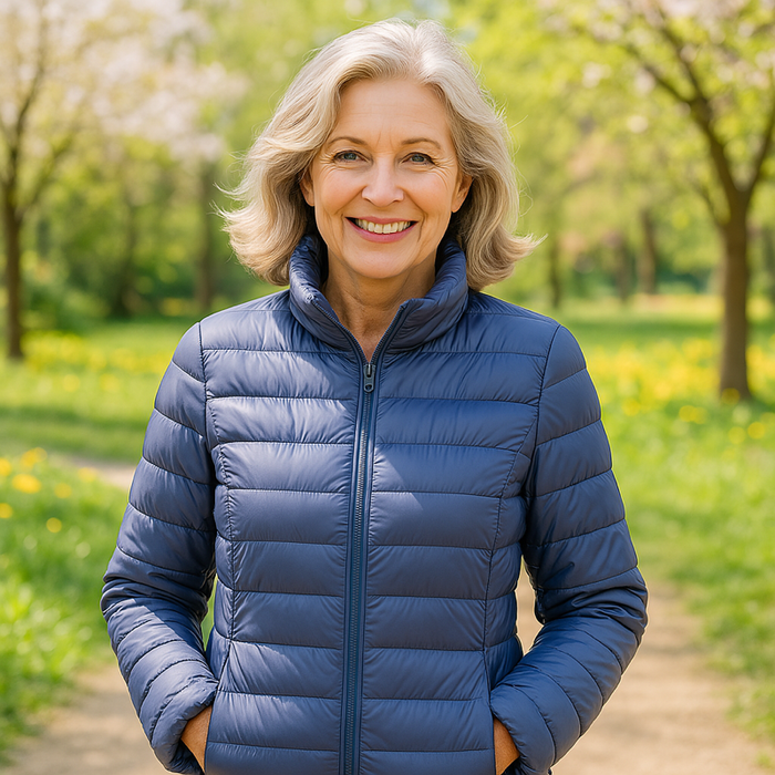 EMMA Ulla lightweight padded jacket in indigo, worn by a model outdoors