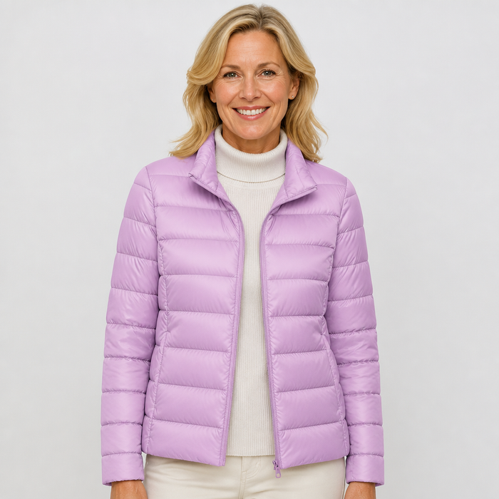 EMMA Ulla lightweight padded jacket in lilac, worn by a model