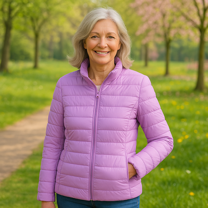 EMMA Ulla lightweight padded jacket in lilac, worn by a model outdoors