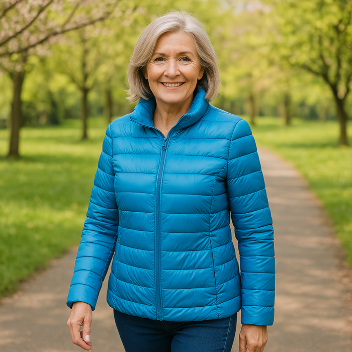 EMMA Ulla lightweight padded jacket in sky blue, worn by a model outdoors