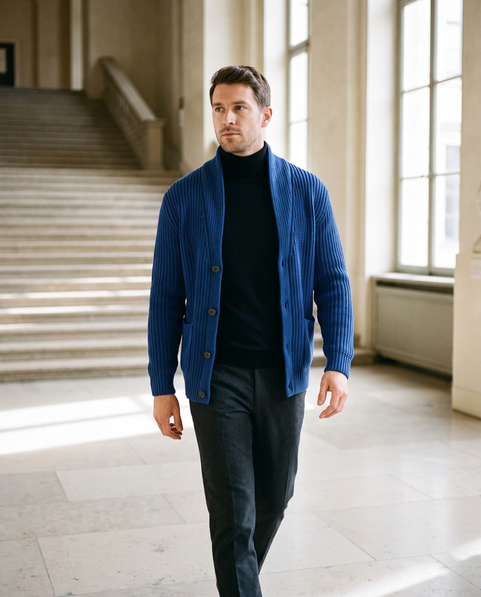 Cobalt blue ribbed button cardigan with raised collar, worn in a museum foyer