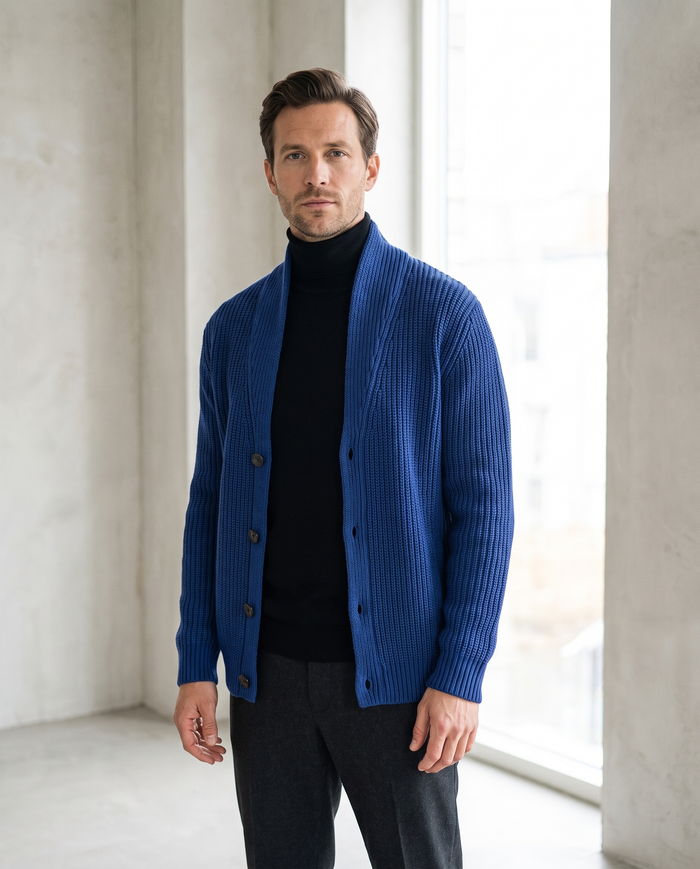 Cobalt blue ribbed knit cardigan with raised collar and button front