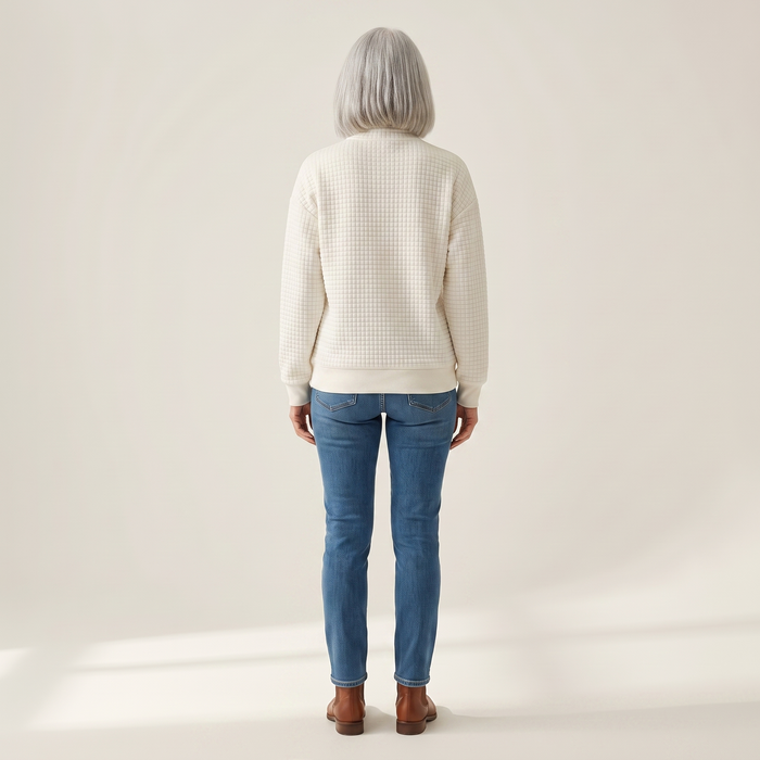 Back view of the Usva waffle-knit sweatshirt, showing the waffle texture across the back