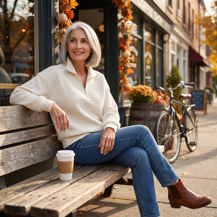 Woman in the Usva waffle-knit sweatshirt on a bench outside a coffee shop in autumn