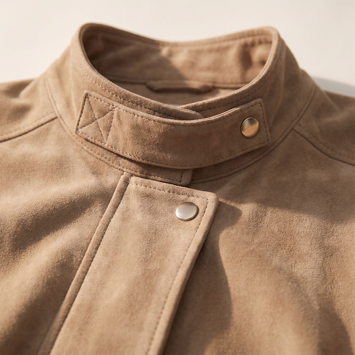 Close-up of the stand collar, throat tab and press stud on the khaki taupe blouson