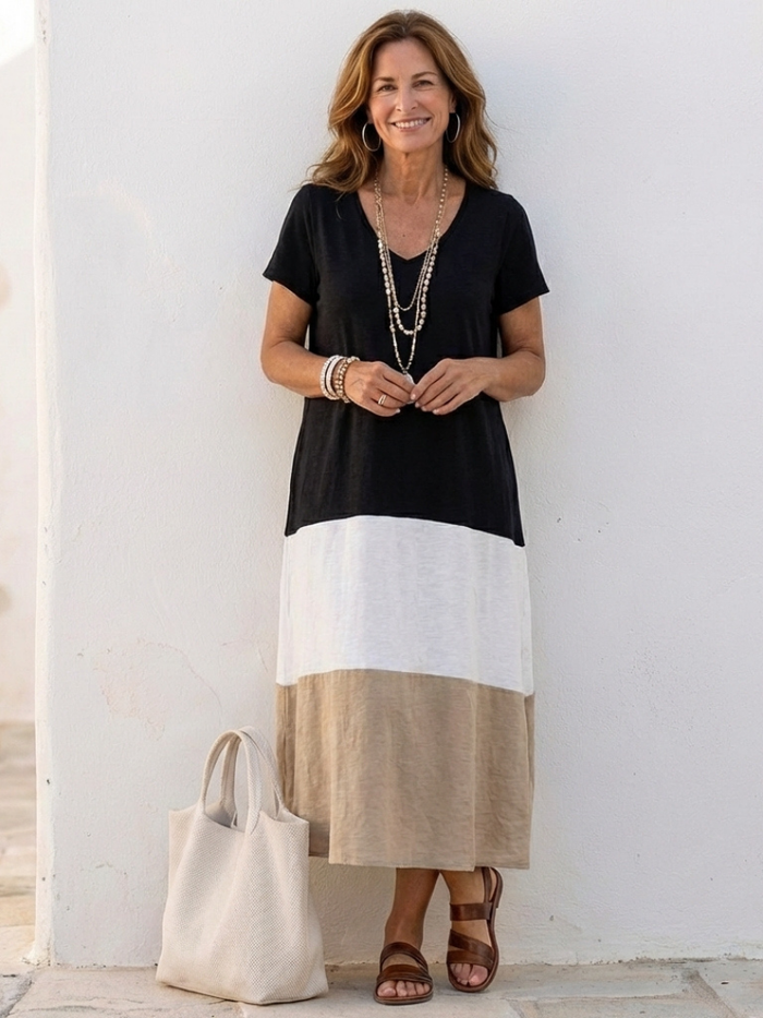 Valentine | Midi Dress with V-Neck and Short-Sleeve Two-tone