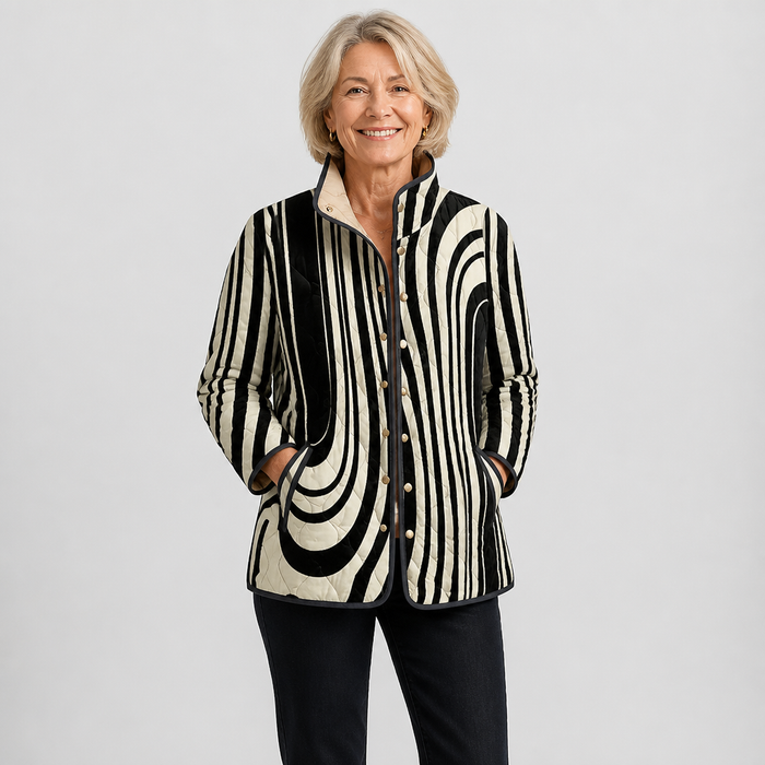 EMMA Vanamo quilted jacket in monochrome wave print, worn by a model
