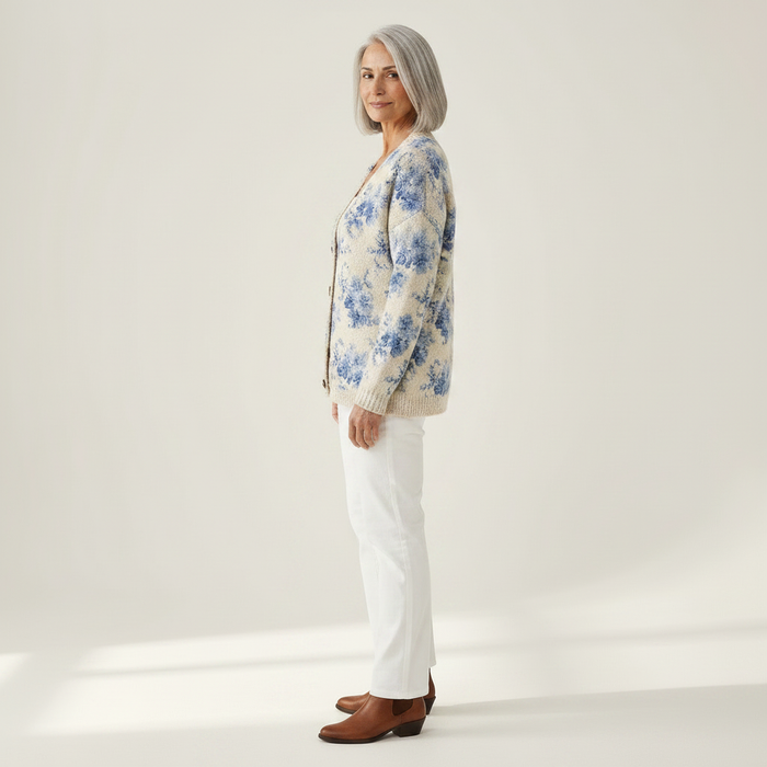 Varpu - Blue Bloom Cardigan in Cream