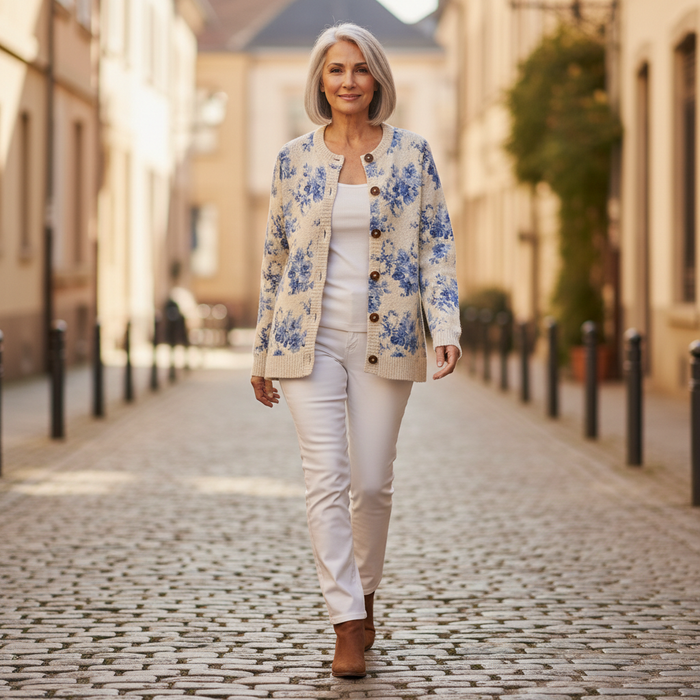 Varpu - Blue Bloom Cardigan in Cream