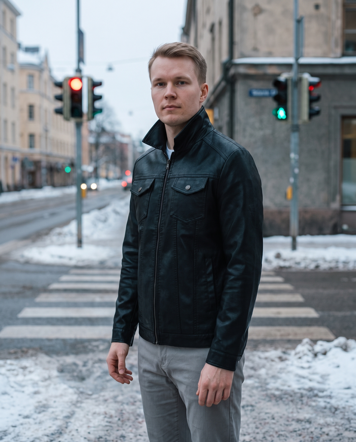 Vegan leather jacket at a Helsinki crossing in winter