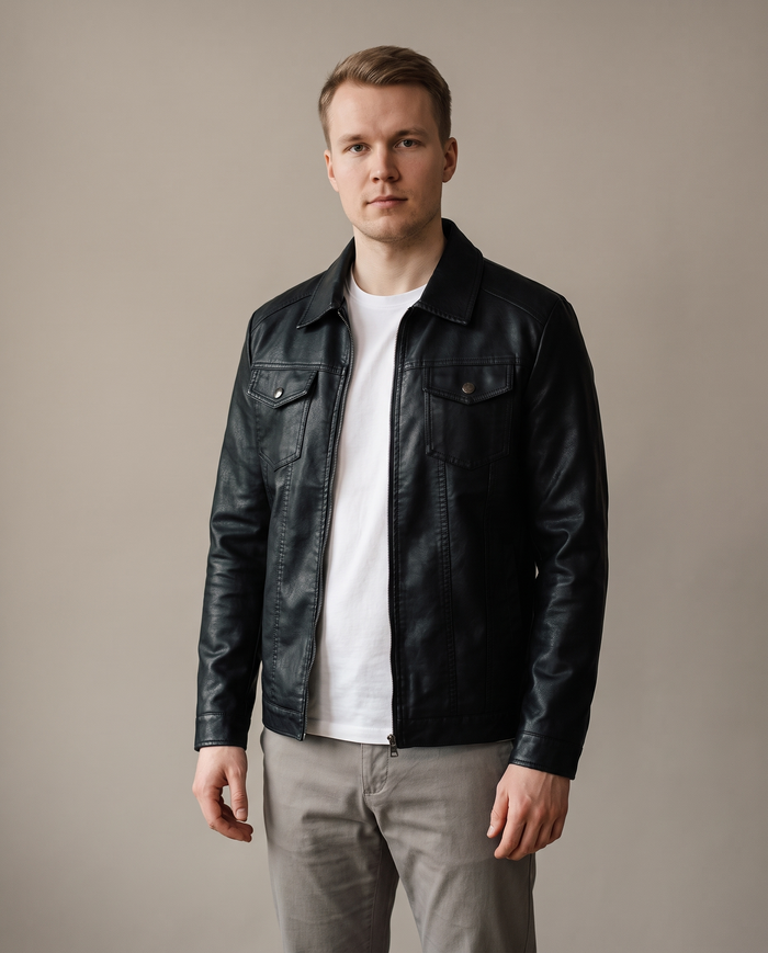 Vegan leather jacket on model