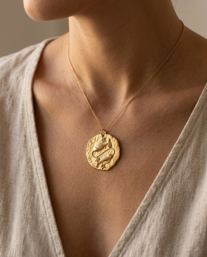 Pisces zodiac pendant worn on a fine gold chain