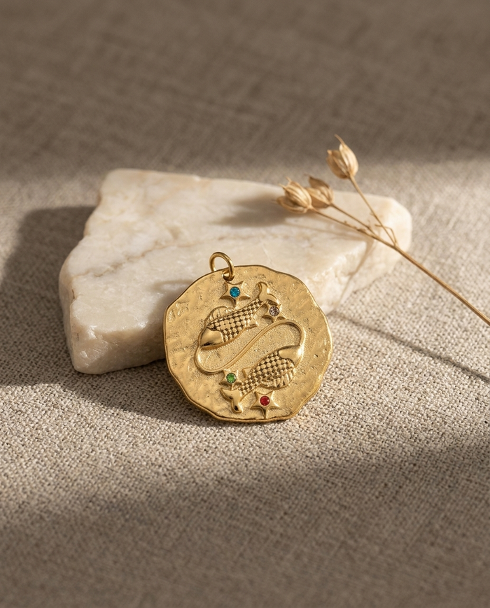 Pisces zodiac pendant styled on linen with marble